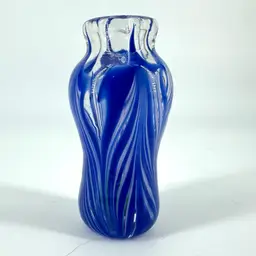 Blue & White Feather Design Glass Small Vase Signed Iorio