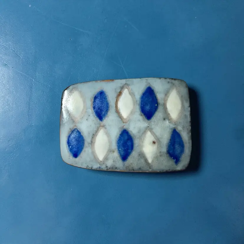 Vintage Karin Og Aase Denmark Ceramic Brooch 1960s Mid Century Modern Blue White Scandinavian Pin Signed Atomic Design