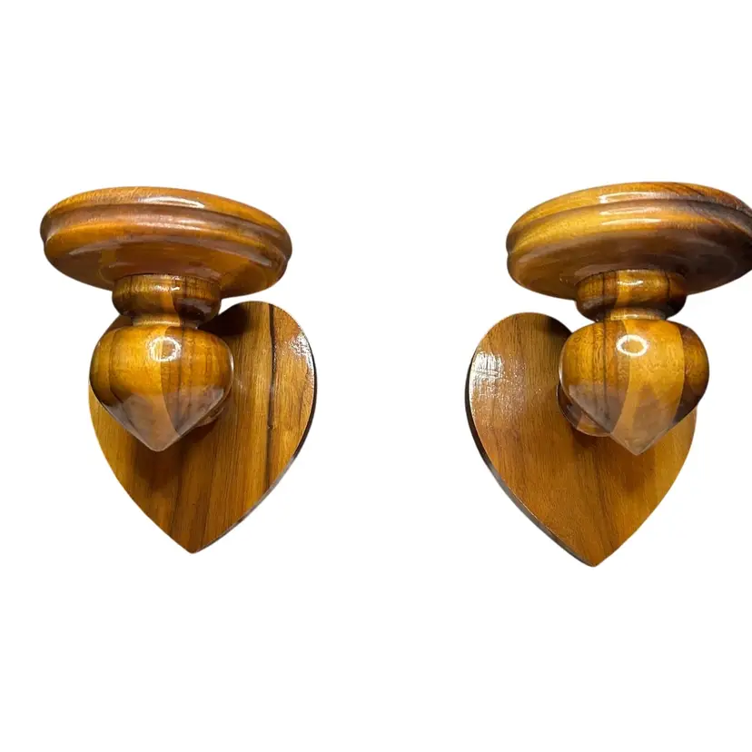 Set Of 2 Wooden Hanging Candle Holders ( Or Can Be Used As Book Ends) Heart Shaped Beautiful Turned Wood
