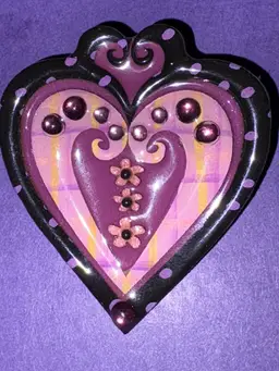 Vintage Designs By Lucinda Figural Heart Pin / Brooch - Hard To Find ~ Beautiful Purples And Pinks With A Touch Of Glitter
