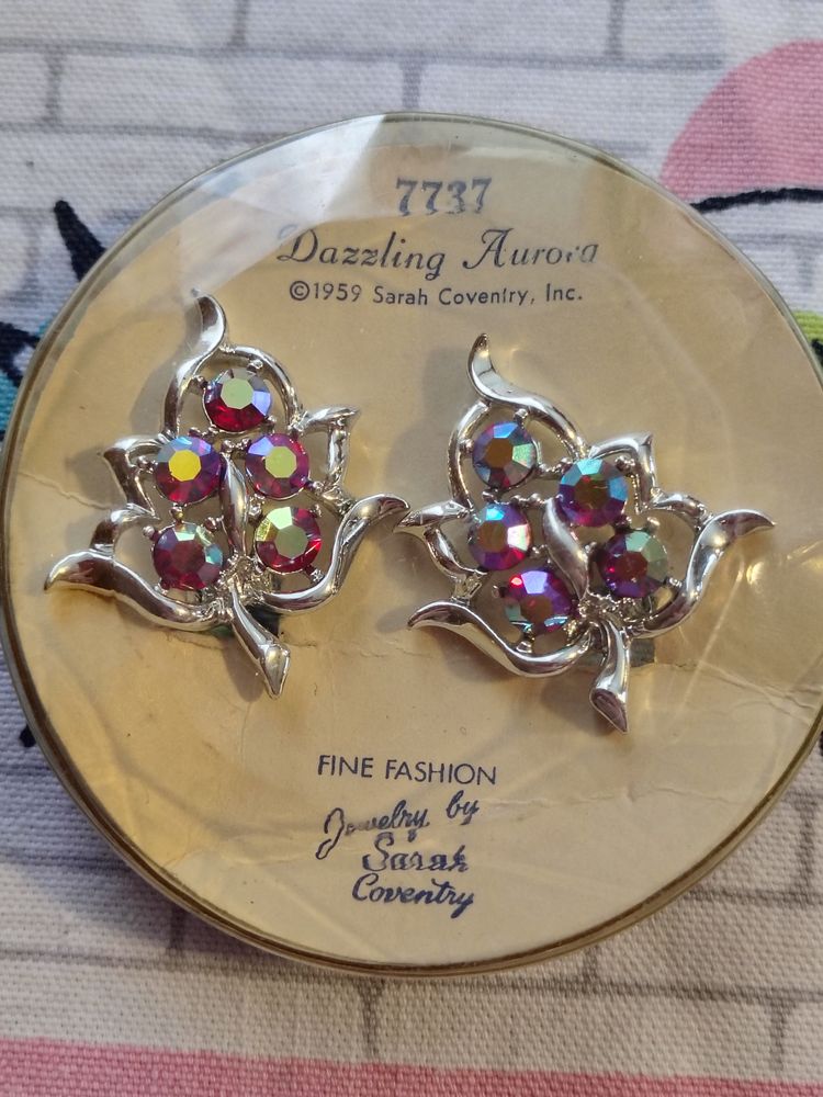 Vintage Sarah Coventry Clip-On Earrings | New in Box "Dazzling Aurora" Sparkling Red Stones on Leaf Shaped Earrings | 1959 Sarah Coventry Designs Made in USA