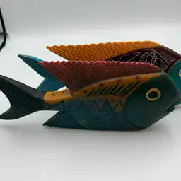 Set Of Two  Vintage Mexican Art Wooden Fish Hand-painted Multicolor 10 Inch Bird Flower