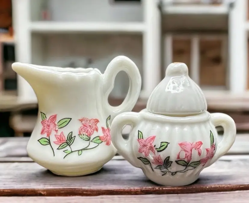 Vintage Dollhouse Miniature Cream Pitcher and Covered Sugar Set 1.5” - Lillies