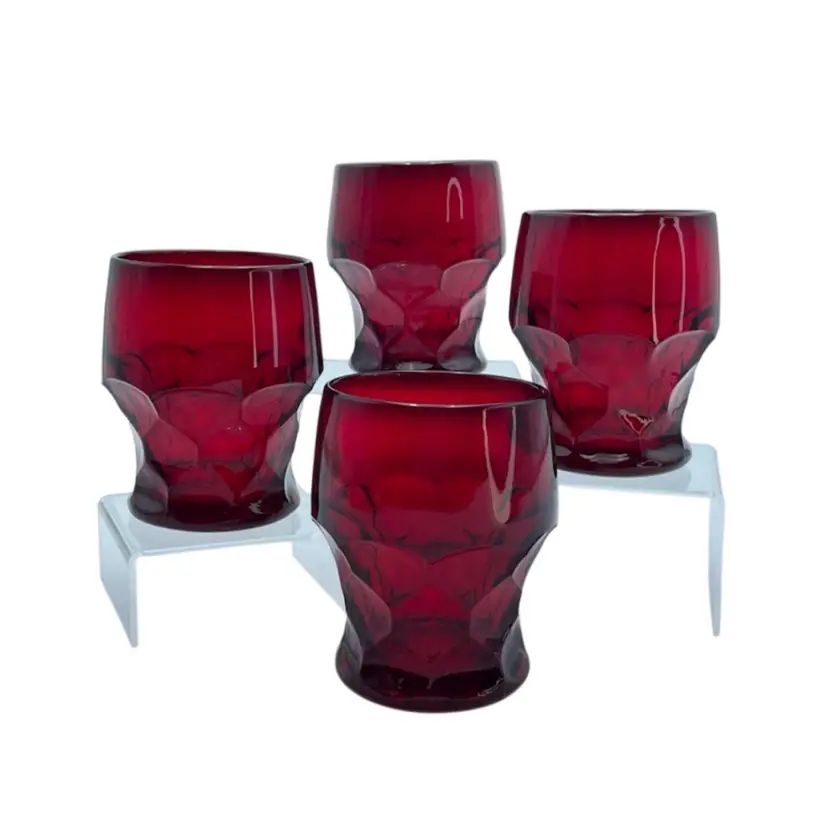 Viking Glass Ruby Red Georgian Honeycomb 9oz Flat Tumblers Set of 4 Glows VTG
