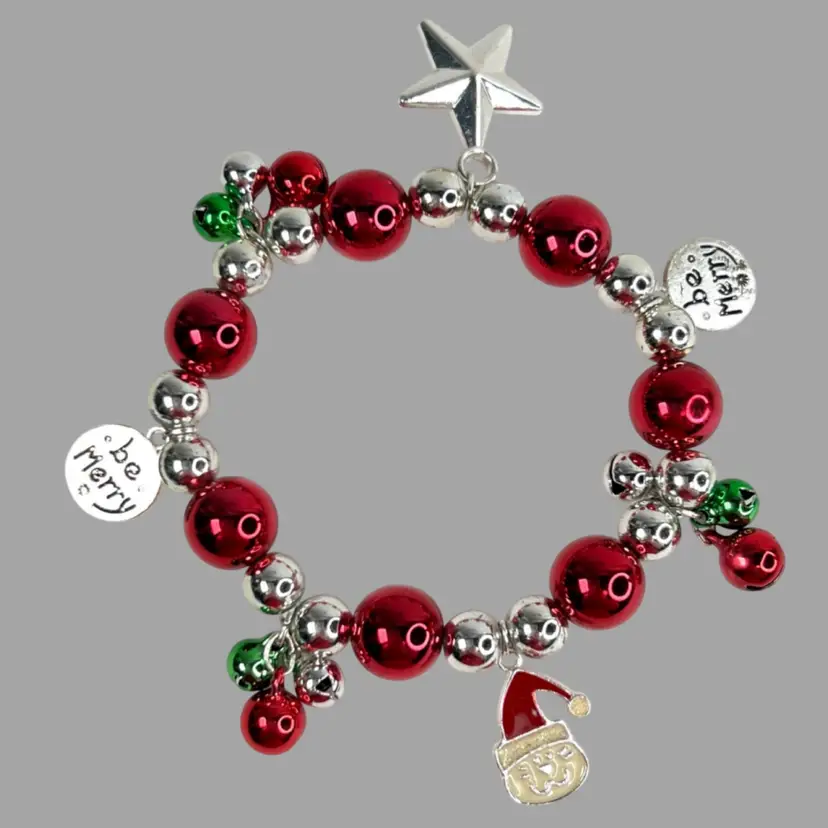 Christmas Charm 7” Stretch Jingle Bracelet Jewelry. Santa Cat, Star, Be Merry Charms With Jingling Bells.