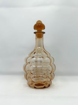 Peach Pressed Glass Decanter, Ribbed Beehive Bottle with Stopper, 1960s Mid-Century Barware