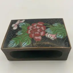 Vintage Brass Cloisonné Matchbox Cover, Floral, 2 1/2”x 1 1/2”