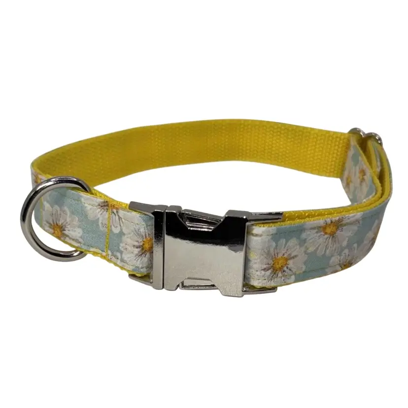 Dog Collar Bright Yellow Delightful Daisies  Large Handmade Heavy Duty Metal Buckle NEW