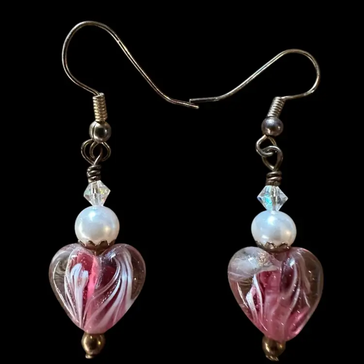 Vintage Dichroic Art Glass Murano Style Earrings w/Pearl & AB Stone