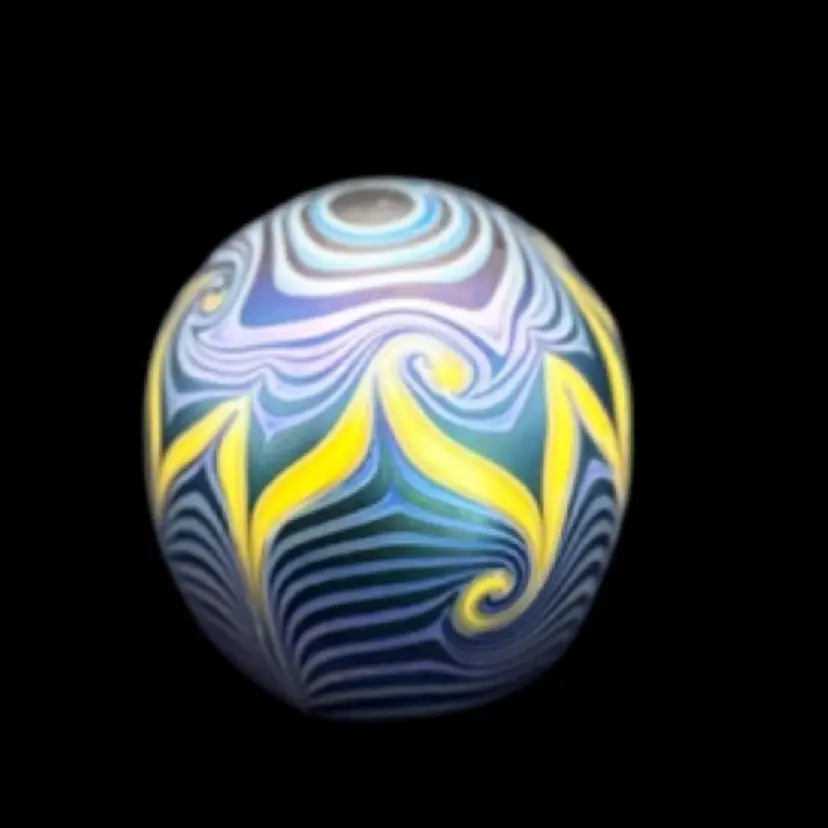 #5: Vintage 1976 Signed Vandermark Black Purple Yellow Iridescent Pulled Feather Paperweight -3” Tall