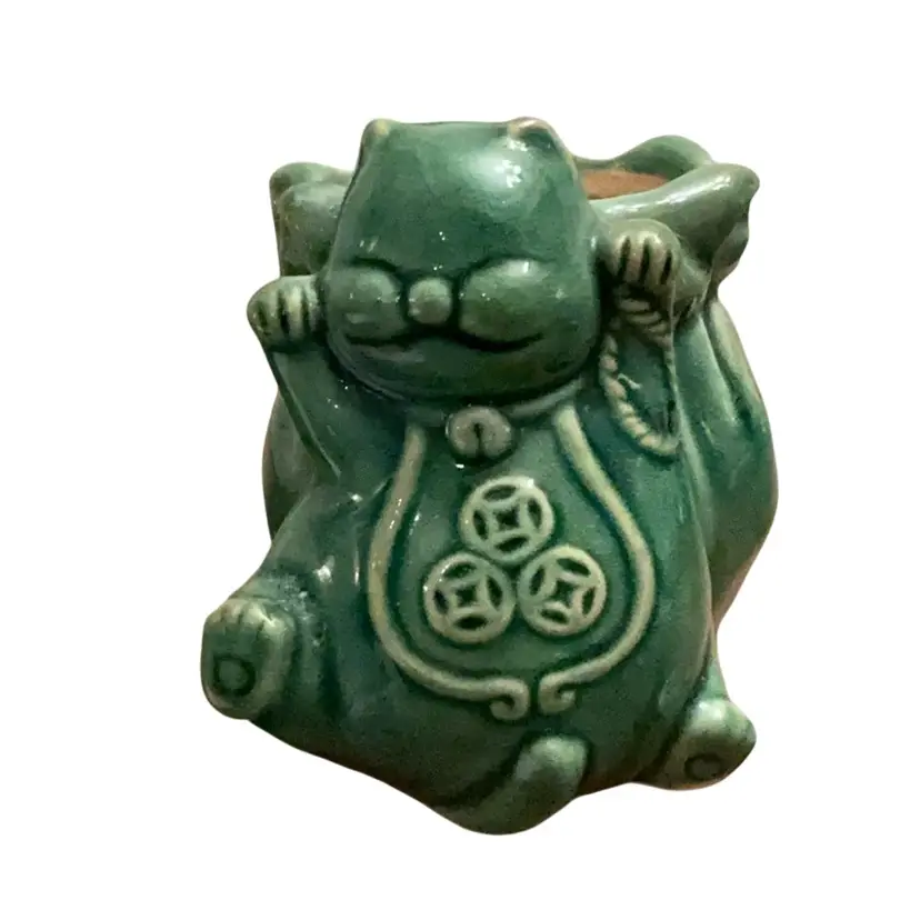 Japanese Shigarski Ware Tanuki (raccoon dog) Figure Glazed Ceramic Planter 4” X 5 1/2”