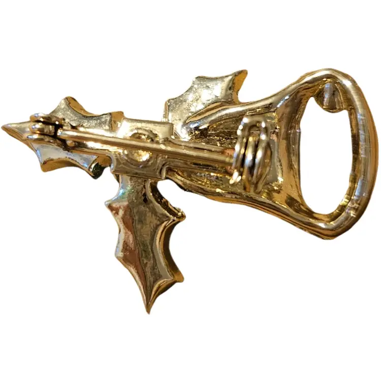 Goldtone Christmas Holly Bell Brooch Pin Green Ename Leaves and Red Berries