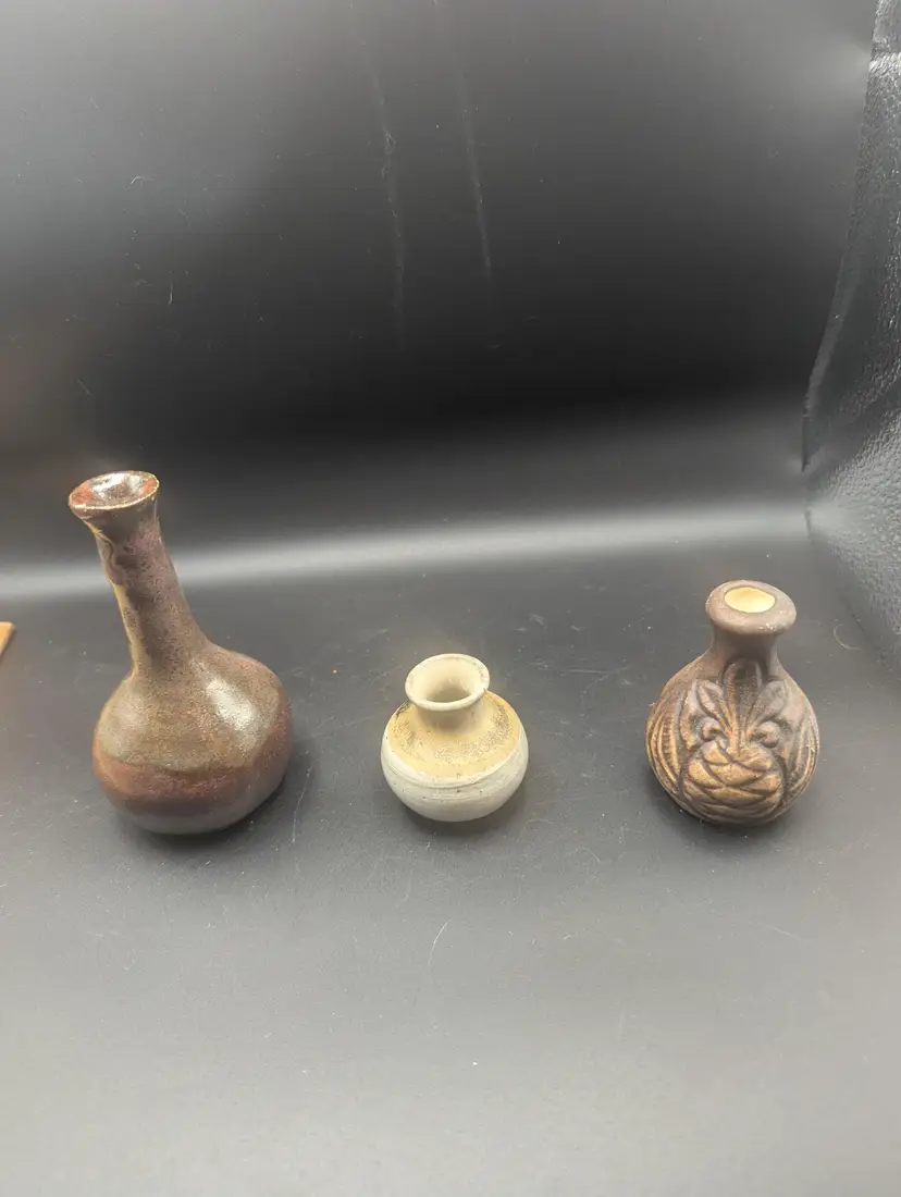 Trio of Vintage Miniature Pottery Vases Two Studio Art Pottery One Signed One Hawaii Pineapple Vase