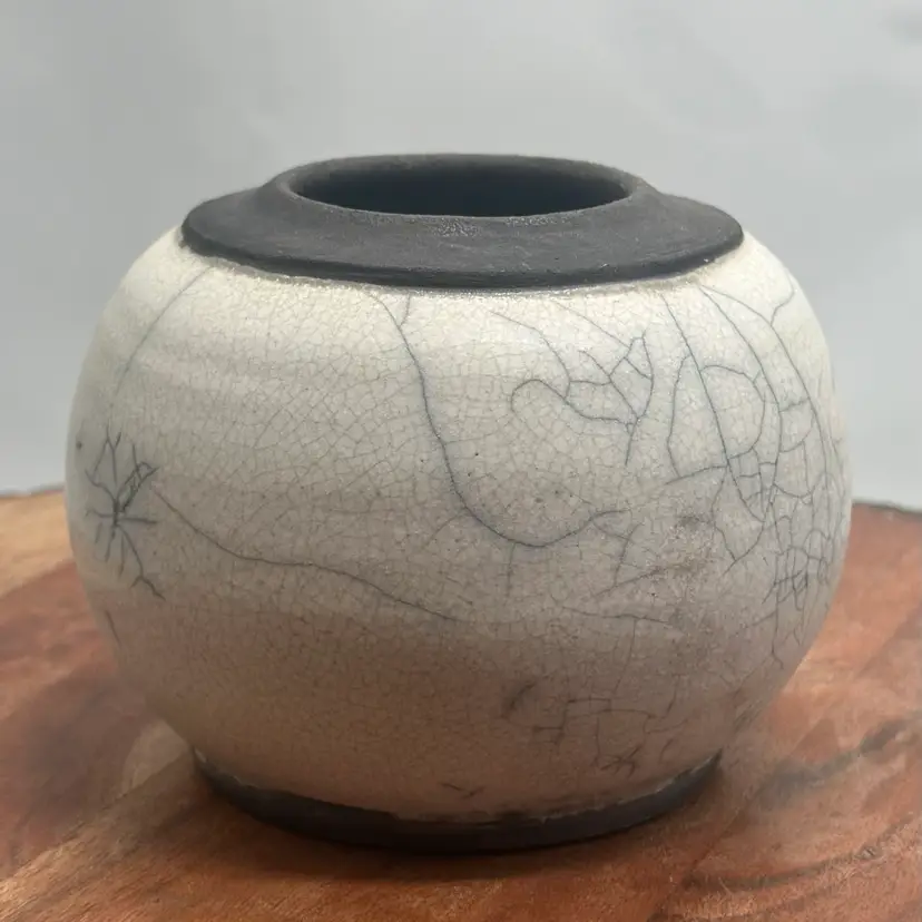 RAKU Crackle Vase Bowl Signed Studio Art Pottery Unique