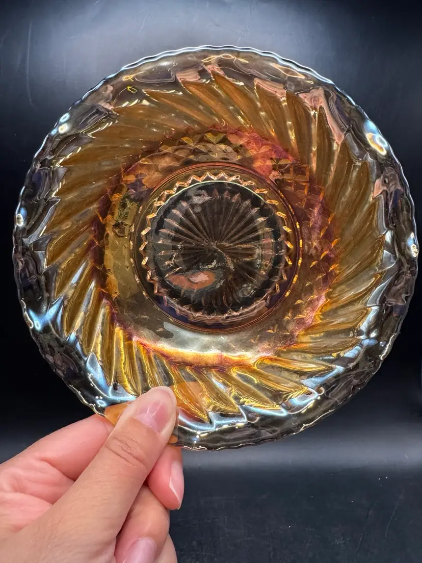 Vintage Anchor Hocking “Swirl & Diamond” Iridescent Marigold Carnival Glass Bowl 6.5”