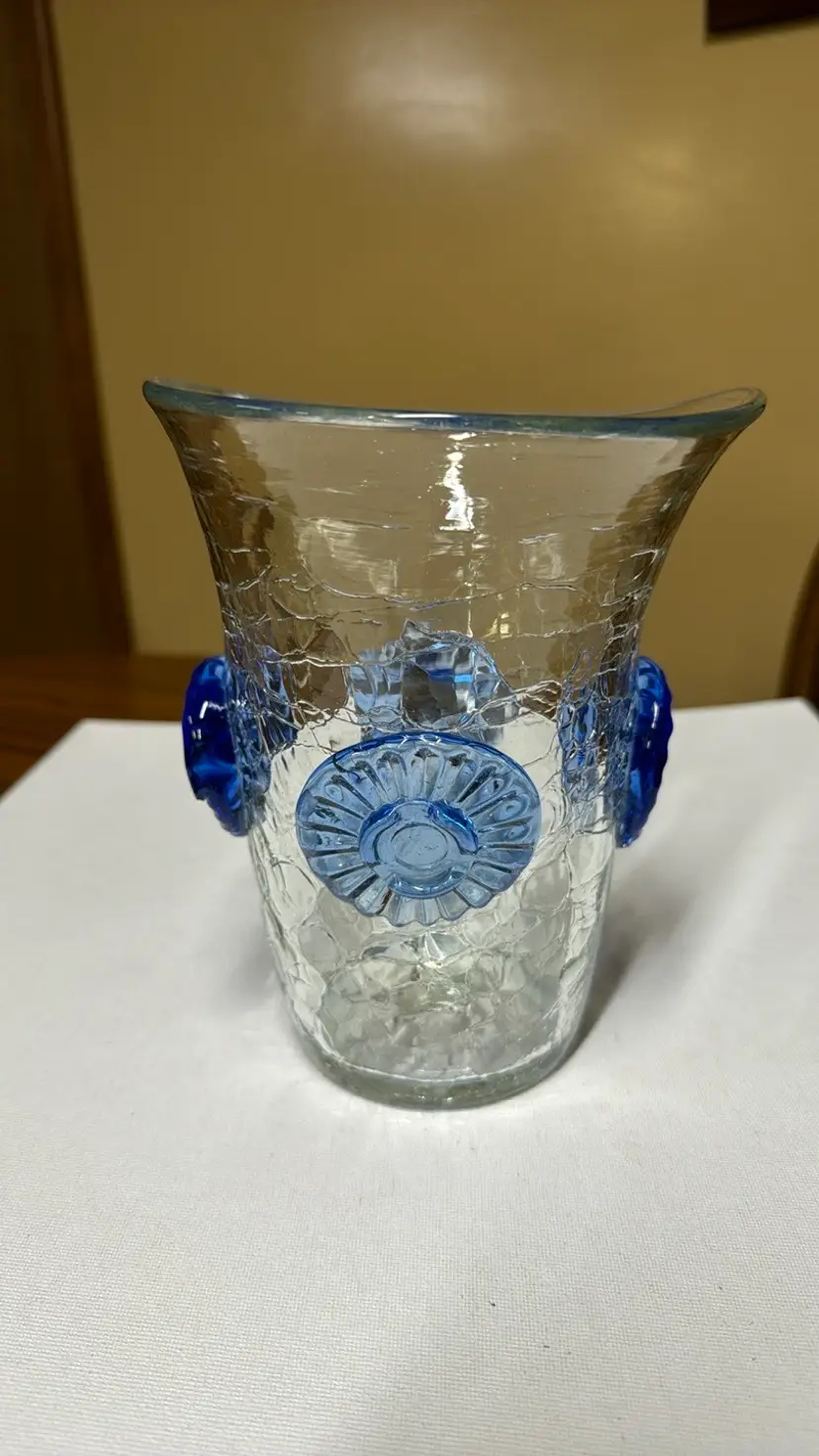 Blenko 439 Crackle Vase With Applied Blue Rosettes 7 1/4"