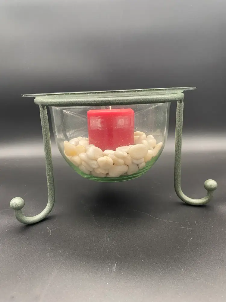 PartyLite Table Top Seville Wrought Iron Stand w Glass Bell Bowl, Candle & Rocks