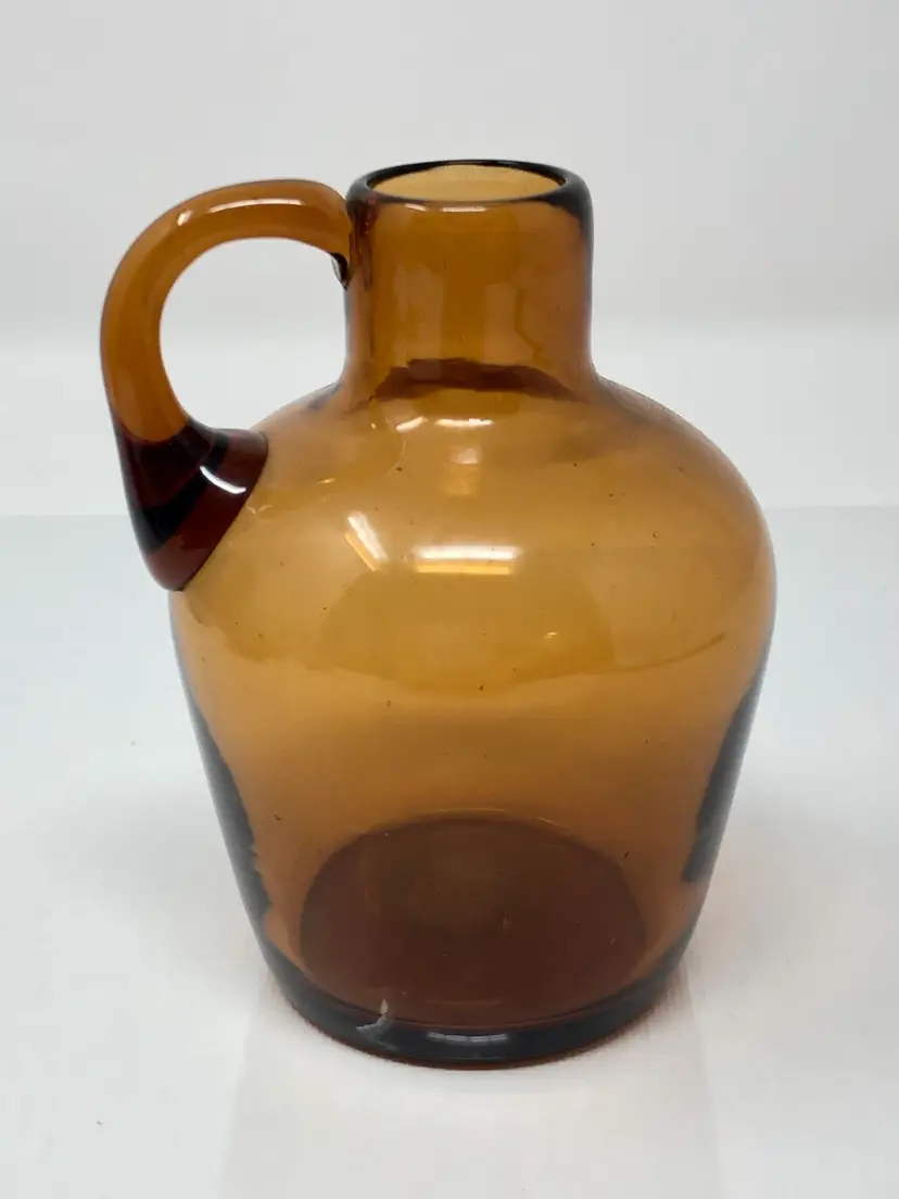 Little Brown Jug Handblown Glass Bottle with Handle Unmarked