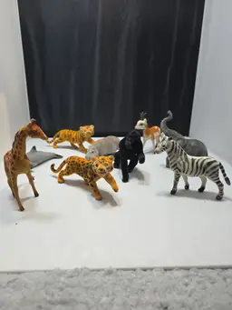 Vintage Flocked Animal Figurine Lot of 9 Zoo Wildlife Figures