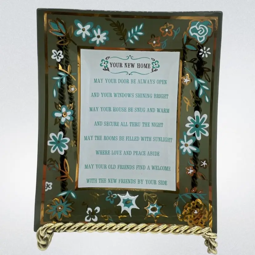 Vintage MCM Smoky Glass Trinket Tray Catchall Dish Gold White Teal New Home Poem House Warming Gift