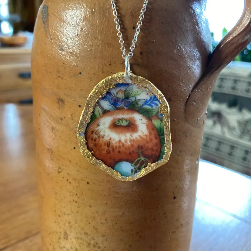 Broken Pottery Artisan Made Apple Pendant Fruit Plate Handcrafted Necklace 1 7/8 in x 1.5 in