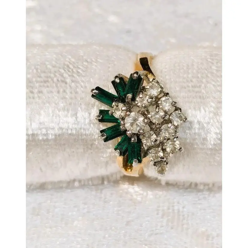 Vintage EDCO Emerald and Clear Cubic Zirconia Cocktail Ring, Gold Tone - Size 7.5