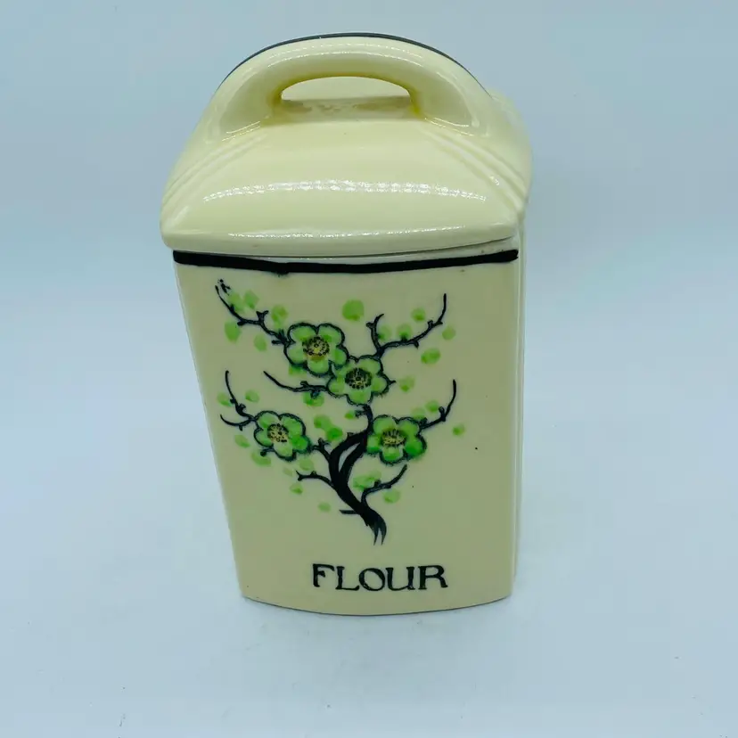 #5107  Art Deco Ceramic Flour Canister Japan Cream with Green Floral Moriyama