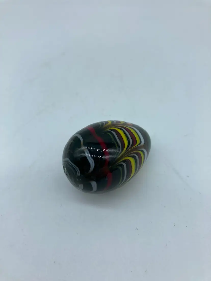 Miniature Hand Blown Multi Color Striped Swirl Glass Egg, Red, White and Yellow