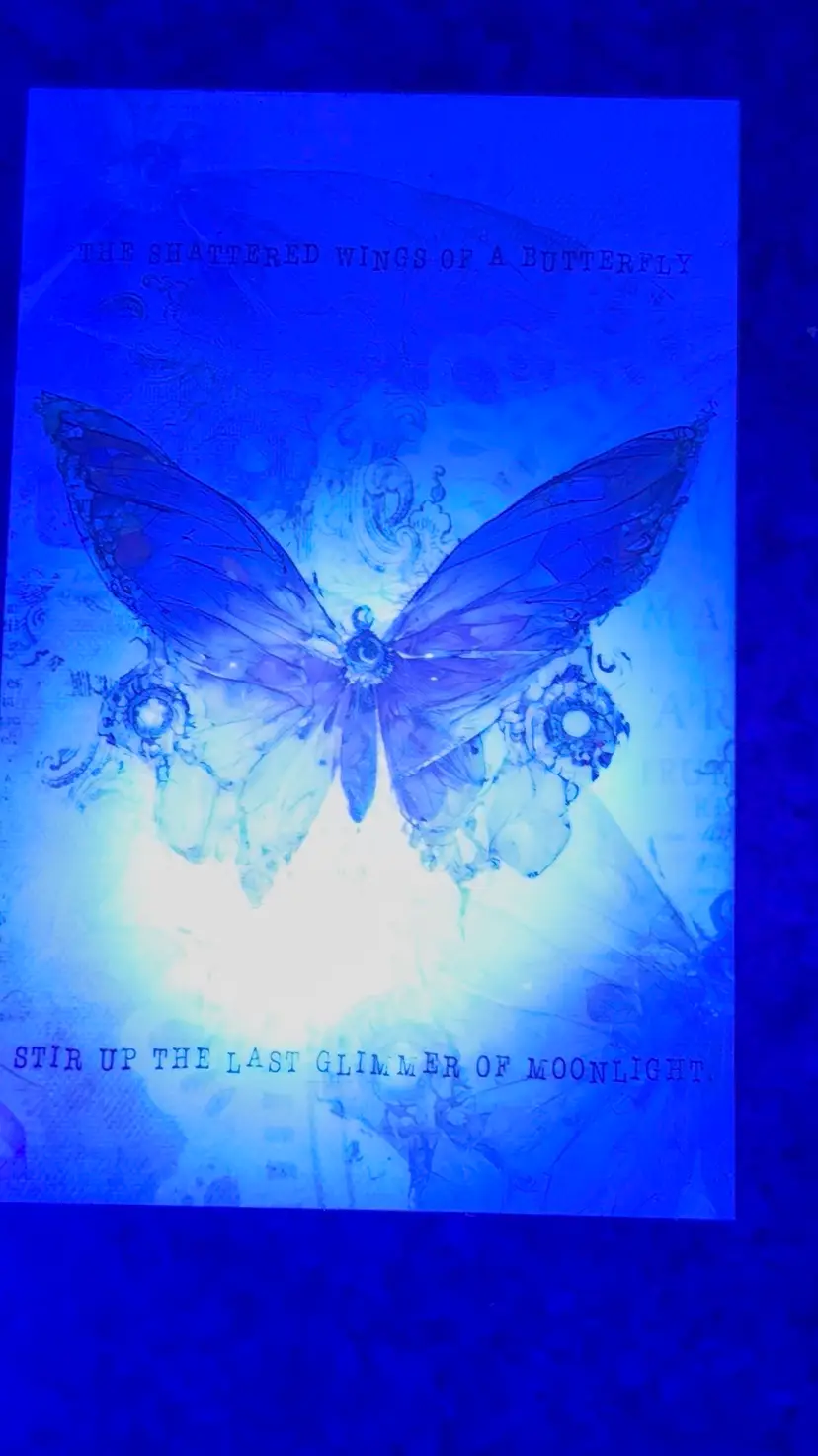 Colorful Butterfly “The Shattered Wings of a Butterfly Stir Up the Last Glimmer Of Moonlight” Postcard, Unused **UV Reactive**