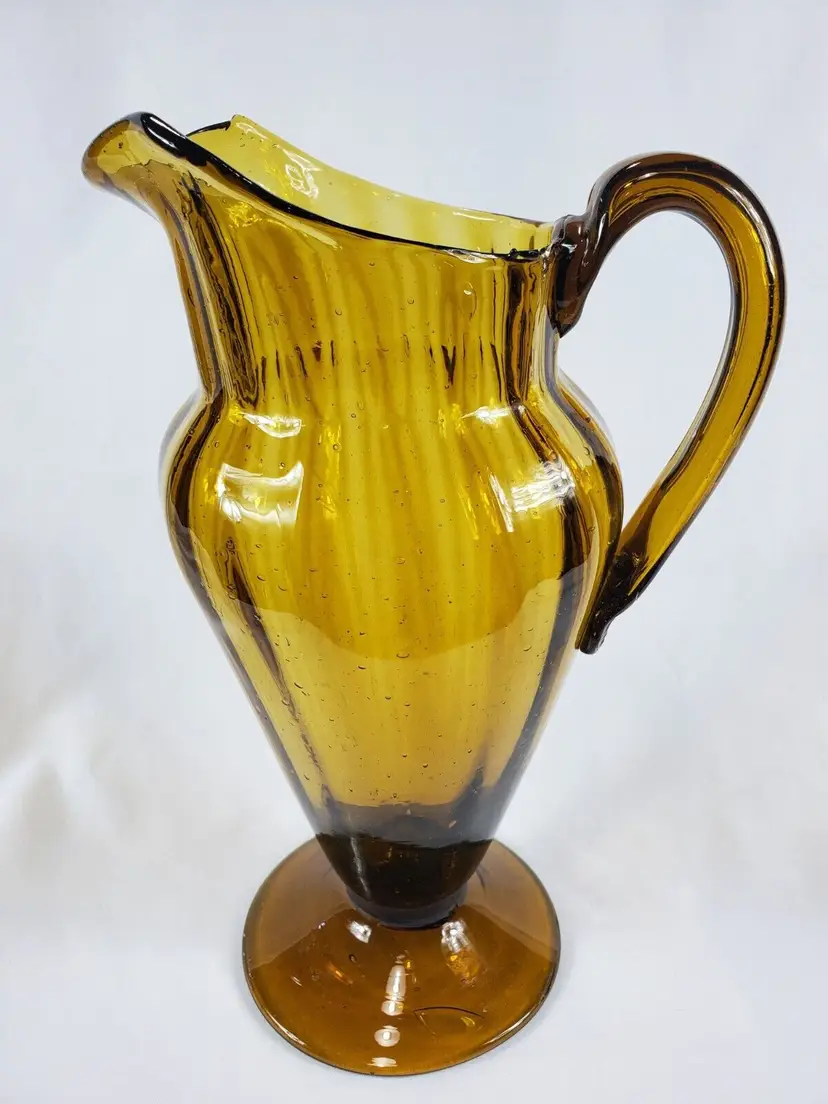 Vintage Empoli Handblown Amber Art Glass Optic Swirl Pitcher With Handle 12"