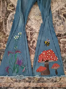 Mushroom and Venus Fly Trap bell bottom jeans ooak