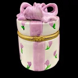 Vintage Hermitage Pottery Trinket Box, Purple Flowers and Ribbon, Hinged