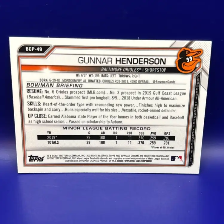 Gunnar Henderson 2021 Bowman Chrome Prospect Atomic Refractor Baltimore Orioles