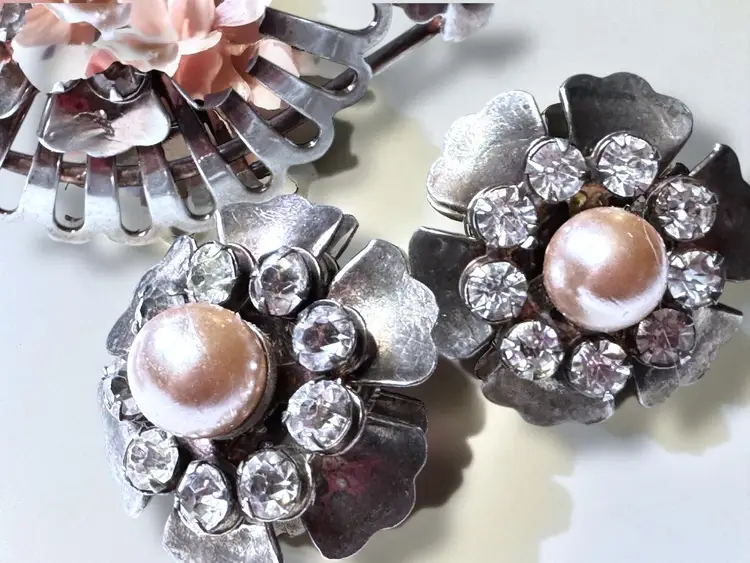 Vintage 1940s Sterling Silver Vintage Vintage 1940s Rhinestone & Faux Pearl Flower Cuff Bracelet - Pendant - Screw Back Earring Set - 44 Grams - Tested Metal Guaranteed