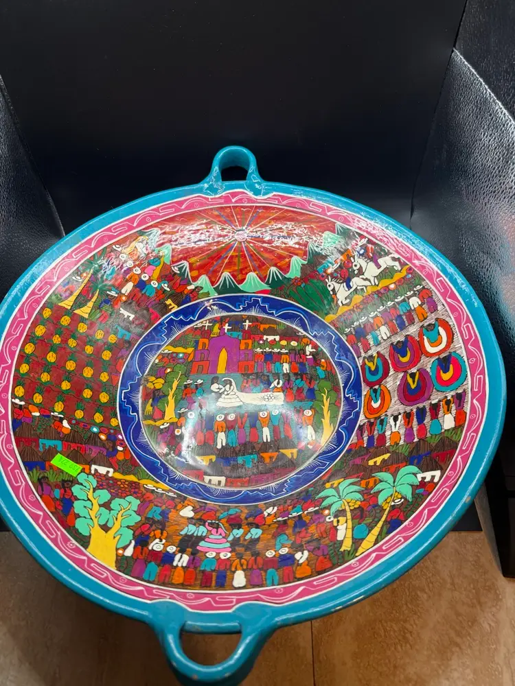 Hand-Painted Signed  Pottery Mexican Folk Art Wedding Bowl -15 In See note