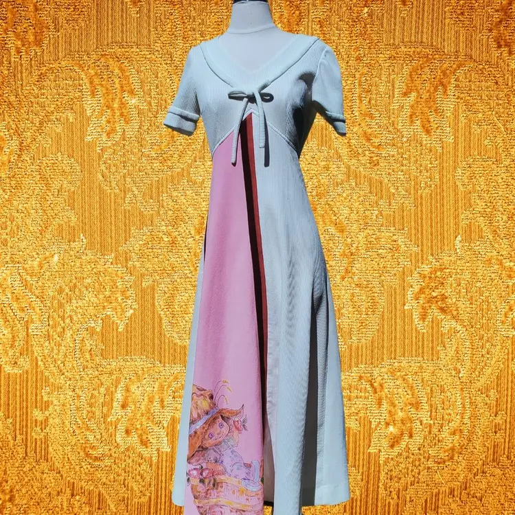 One Of A Kind, Handpainted & Signed, 1970's Colorblocked Maxi Dress, Holly Hobbie-like Design, Pink, Purple And White, Disco