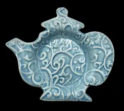 Studio Art Potter Teapot Shaped Tea Bag Caddy Holder Blue Gray Scroll 3.25”