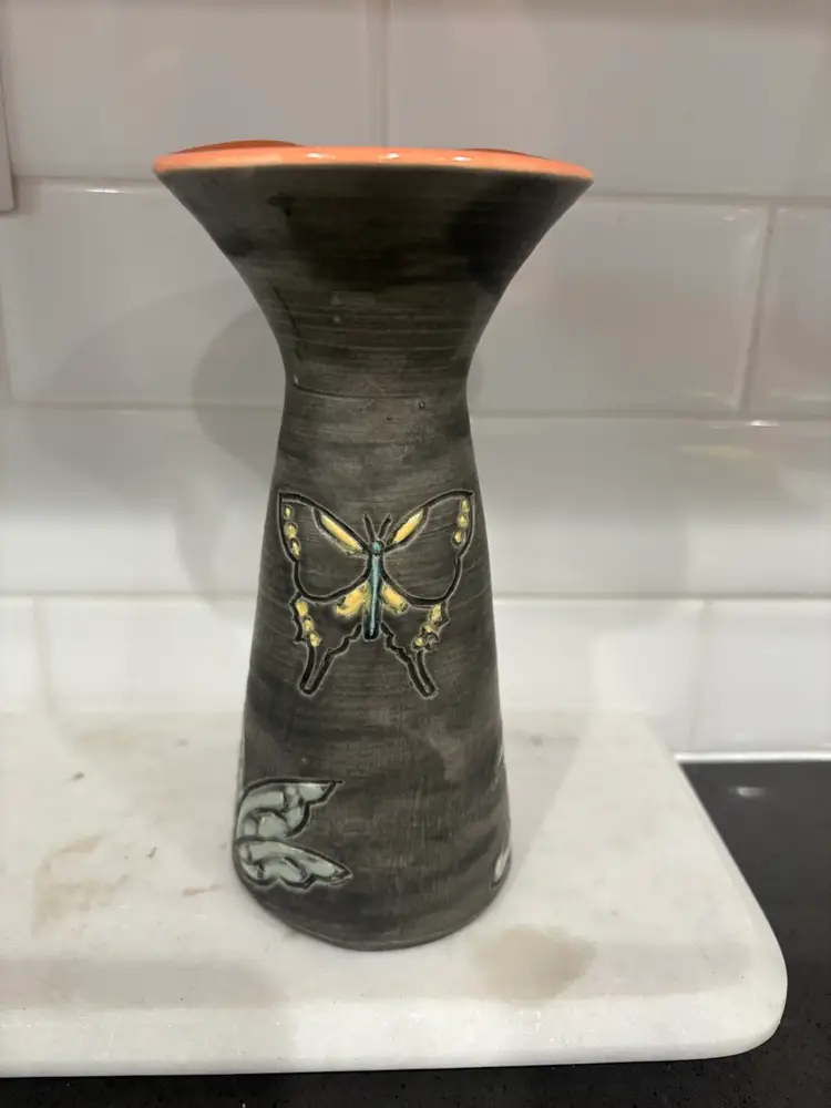 Art Pottery Vase Orange Glazed Inside Etching Outside  Signed