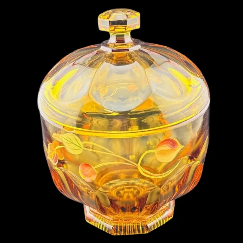 Vintage Amber Handpainted Fenton Covered Candy Dish Signed by S. Hughes - Read Description 5.5" Tall x 4" Wide