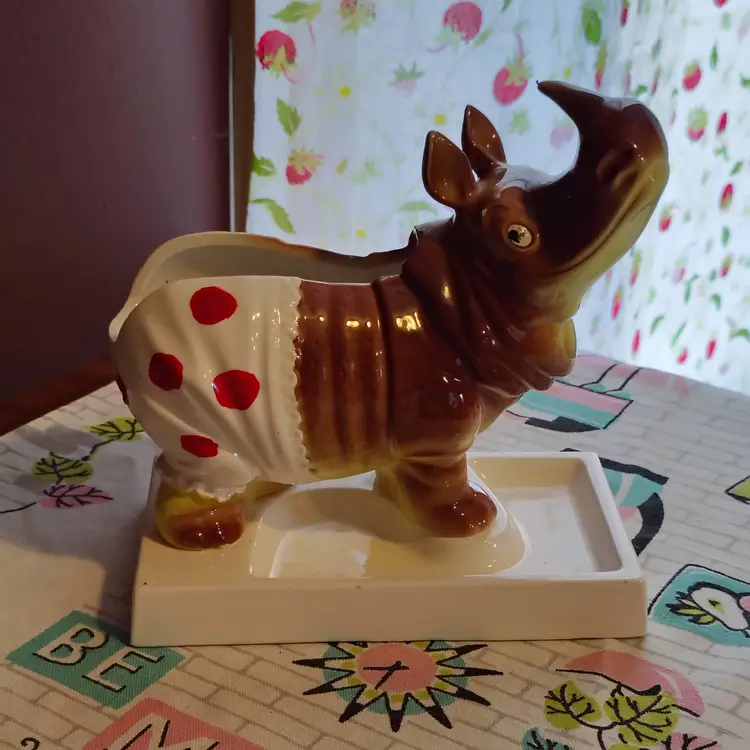 Vintage Rhinoceros Dresser Caddy | Baby Rhino in Spotted Bloomers | Fun & Kitschy Wallet Valet | 1960s Made in Japan
