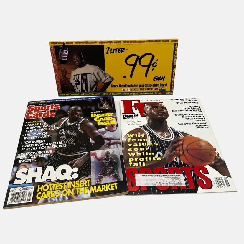 Lot Of 1990s Shaquille O'Neal Memorabilia Magazines & Shaq Pepsi Display Card