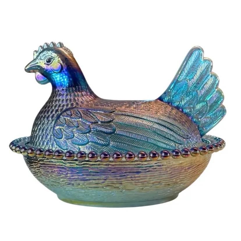 Indiana Glass Hen on Nest Blue Carnival Iridescent Glass VTG Beaded Candy Dish