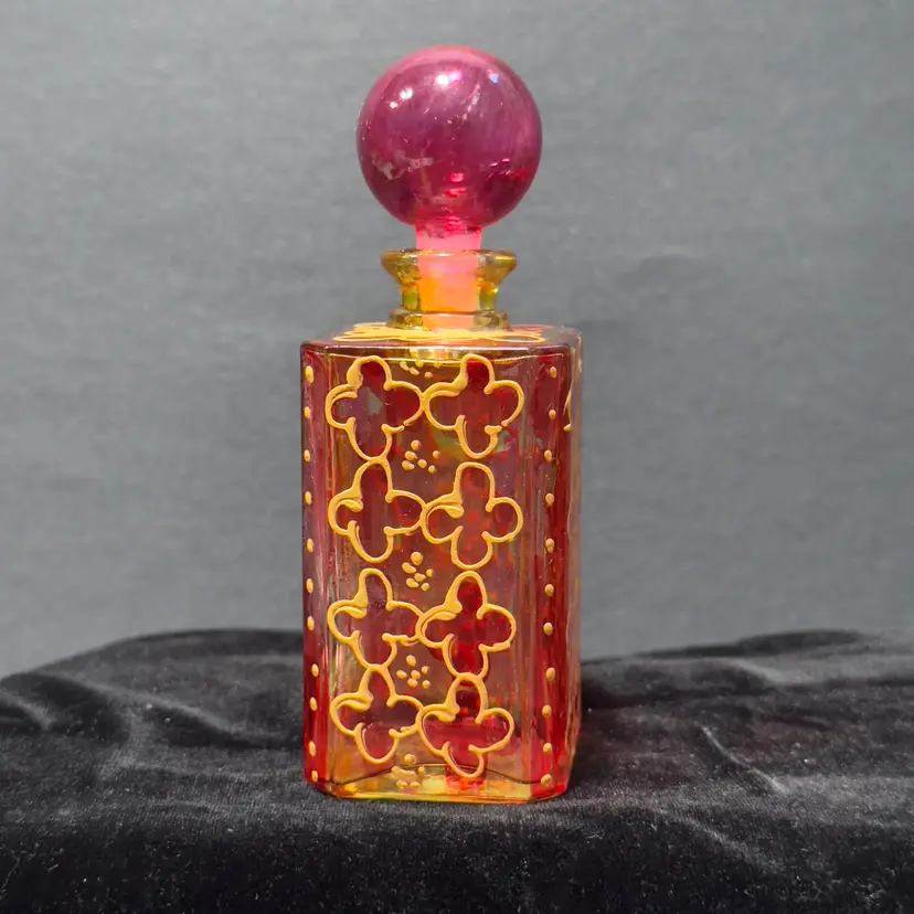 #1410 VTG Royal Limited, Crystal Glass Perfume Bottle, Red and Gold hand painted Square Glass Italy Pink Globe Stopper