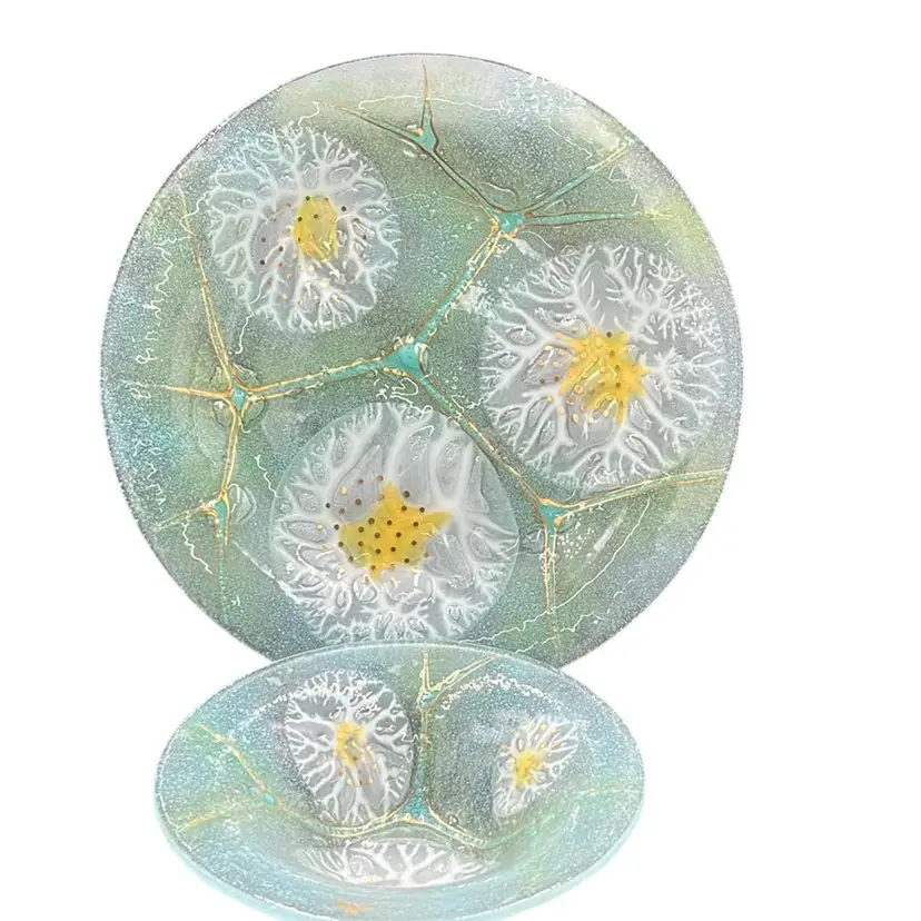 Signed, MCM California Based Artists: Higgins Glass Studio fused art glass plate and bowl set. 12” Plate, 8” Bowl
