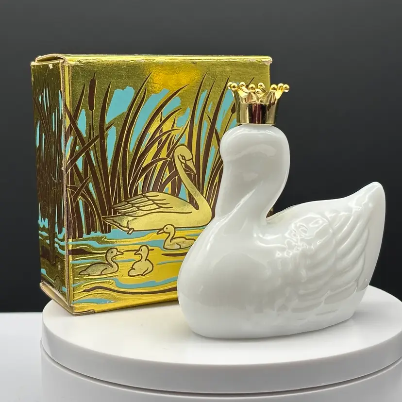 Avon Royal Swan White Milk Glass Perfume Bottle with Gold Crown Cap | Vintage 1970s