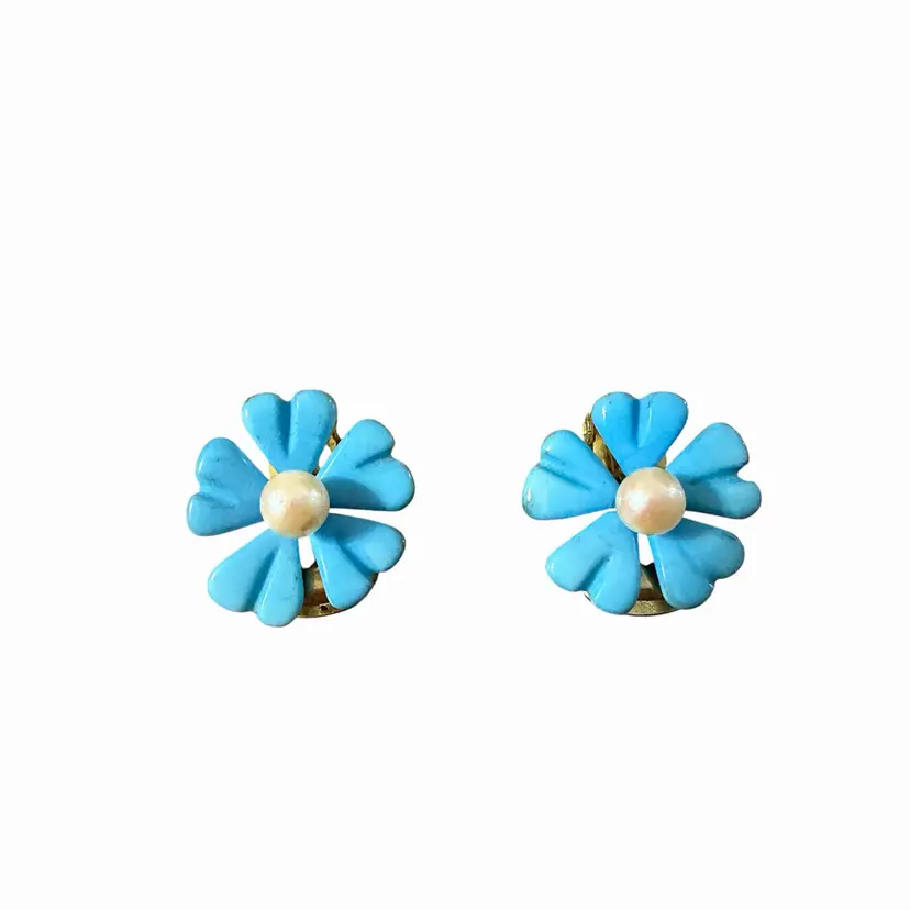 Vintage Swoboda Turquoise Flower Clip On Earrings Faux Pearl Gold Tone Floral Earrings Retro Mid Century Jewelry Rare