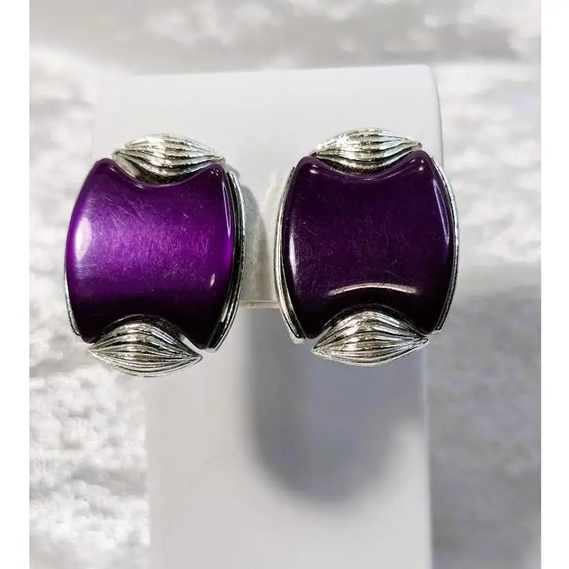 Vintage Purple Clip-On Earrings with Silver Tone Accents - Signed Star