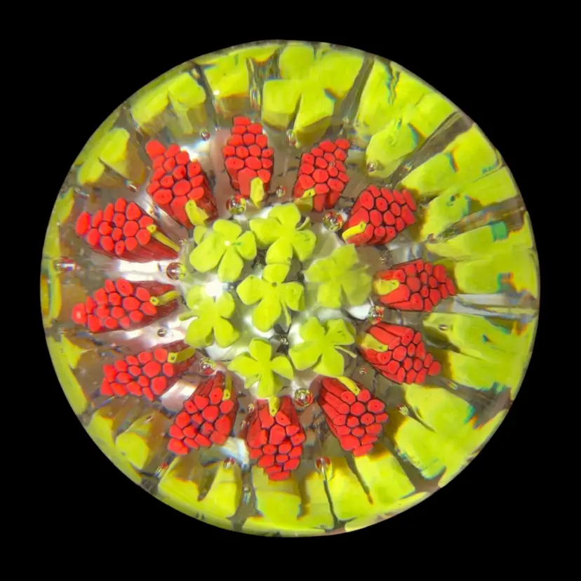 Murano Glass Fratelli Toso Door Knob Paperweight Shamrocks Berries 4” Pedestal