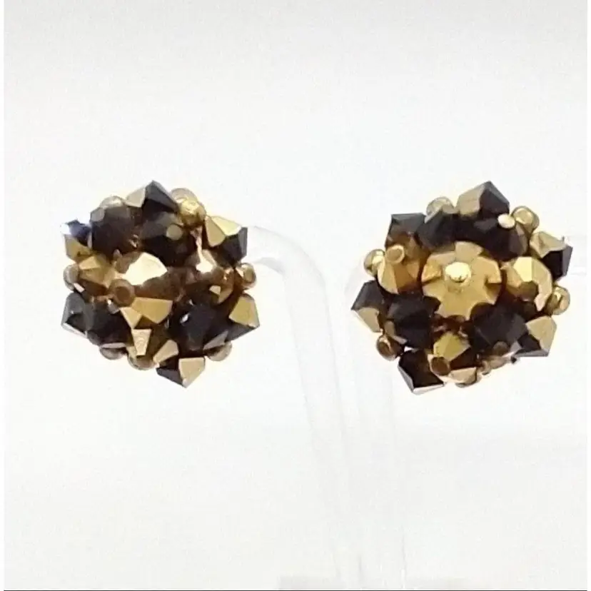 Vintage Gold & Black Bead Clip On Earrings