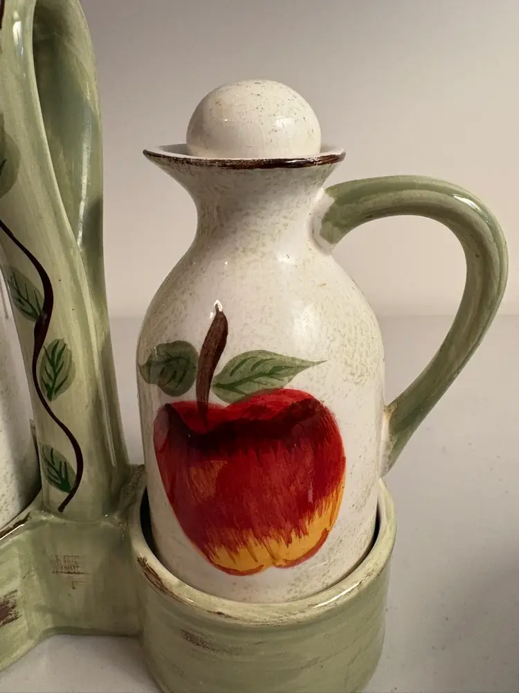 80s CRUET SET Oil and Vinegar Ceramic with Stand in An Apple Design